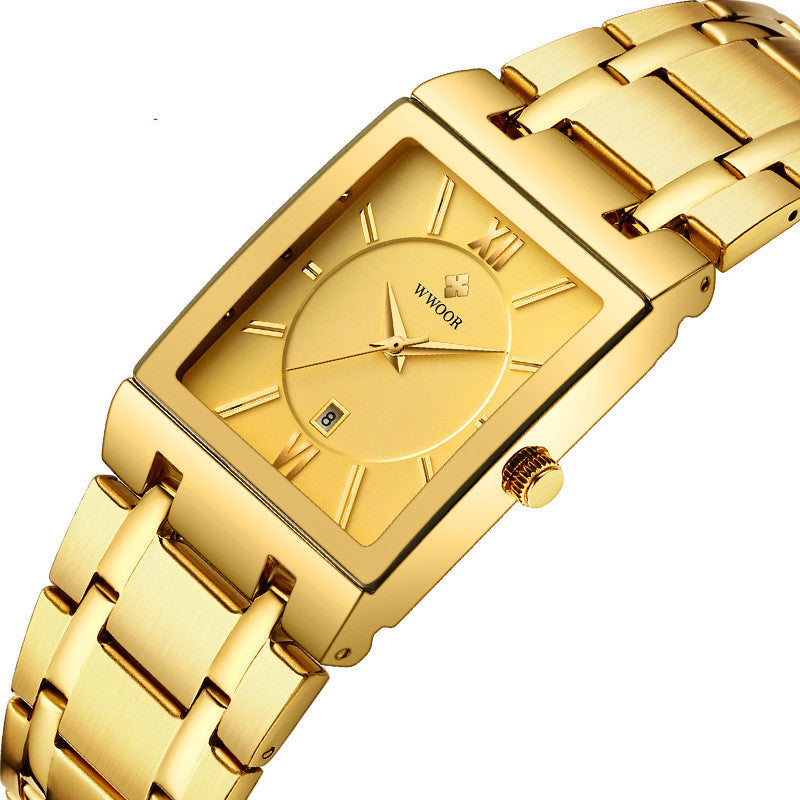 WWOOR Luxury Square Quartz Watch – Men’s Gold/Black Waterproof IconBold geometry.