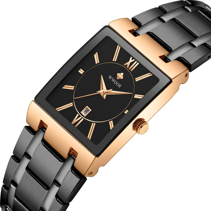 WWOOR Luxury Square Quartz Watch – Men’s Gold/Black Waterproof IconBold geometry.