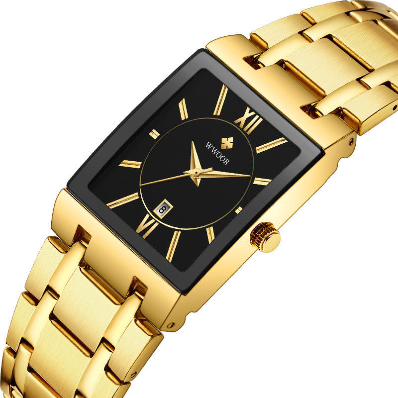 WWOOR Luxury Square Quartz Watch – Men’s Gold/Black Waterproof IconBold geometry.