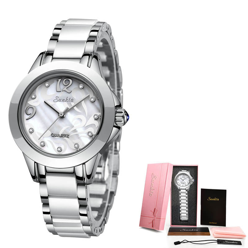 Luxury Ceramic & Steel Women’s Watch – 35 mm Timeless Beauty