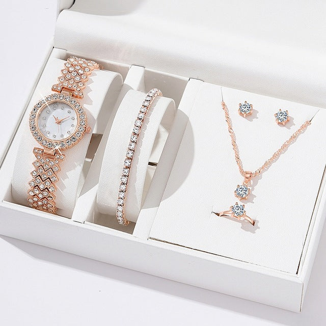 Luxury Women’s Quartz Watch & Full Jewelry Set – Complete Elegance Ensemble